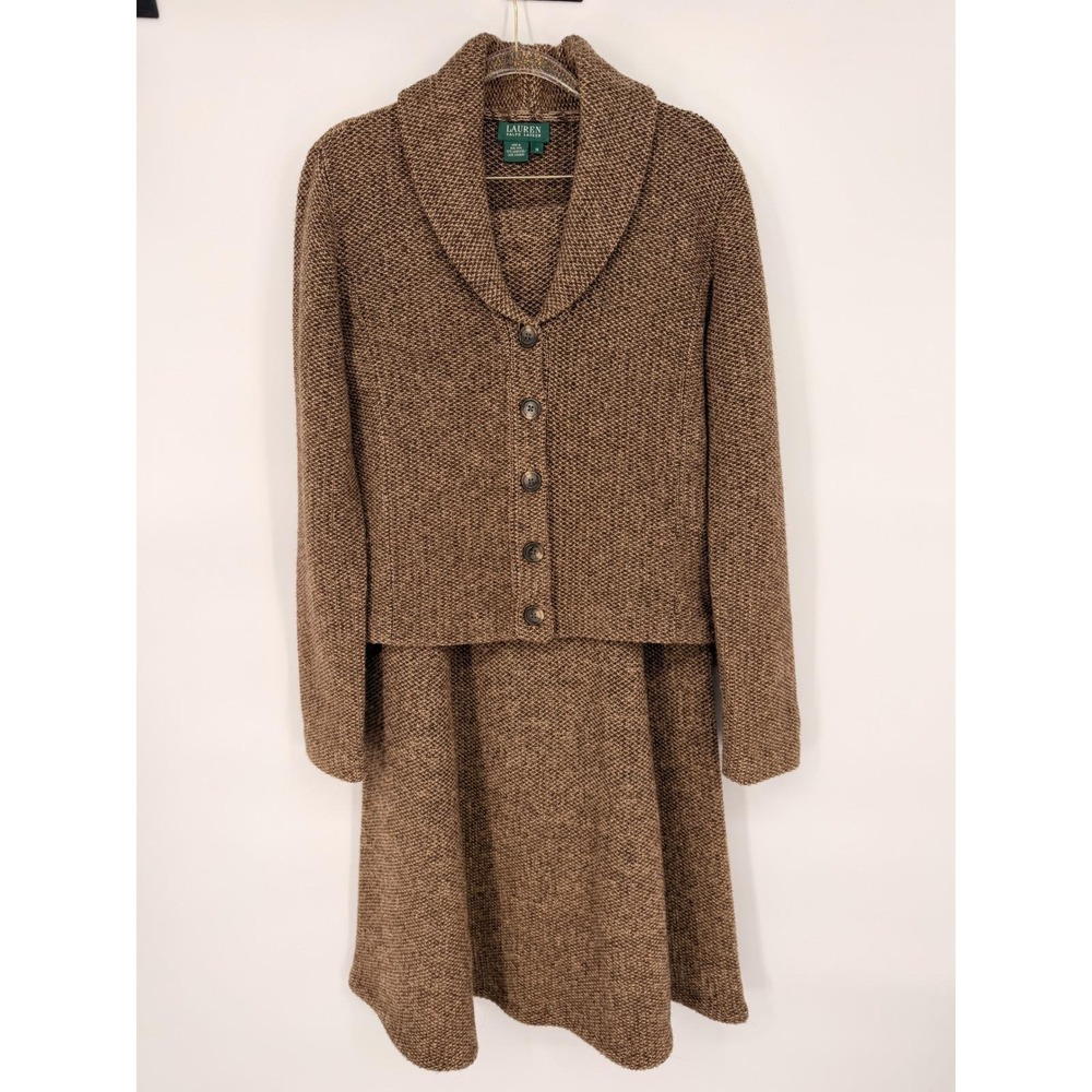 Vintage Lauren Ralph Lauren Women's Knit Sweater Jacket Skirt Set Brown S M